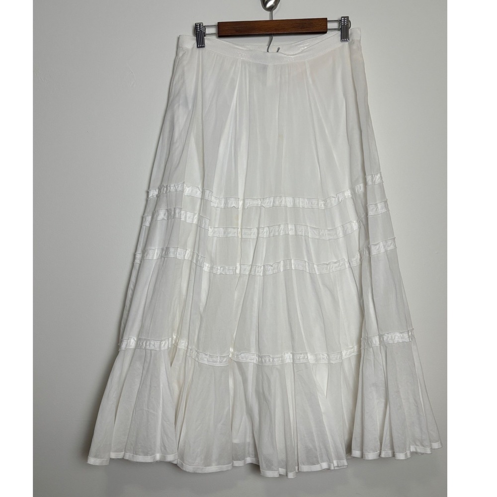 Lauren Ralph Lauren White Cotton Tiered Ruffle Maxi Skirt 8 Coastal Cottage Boho
